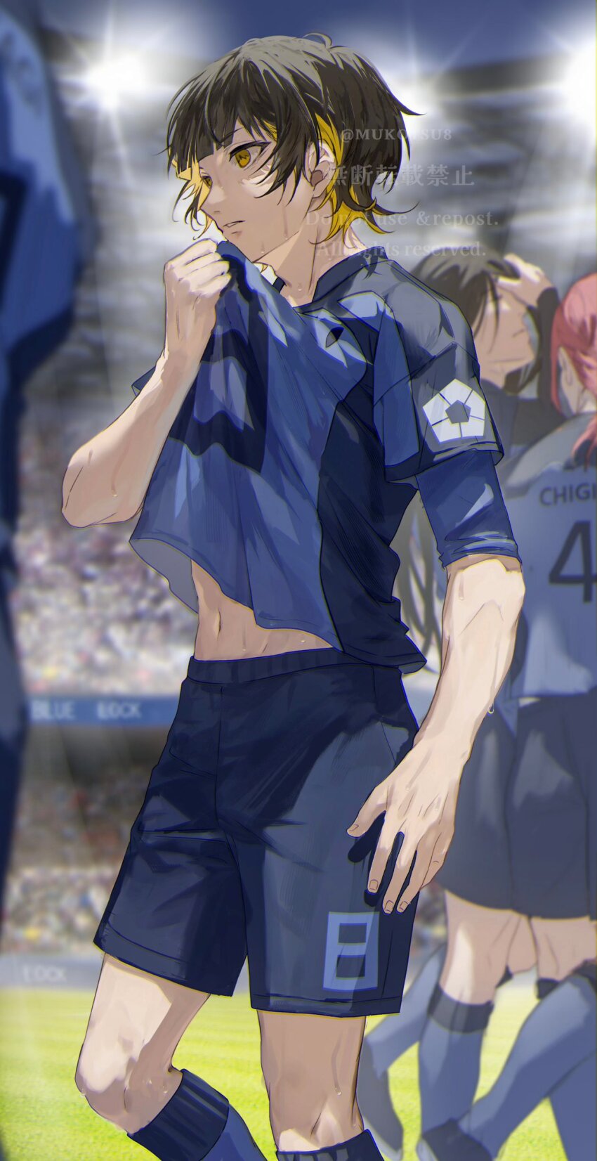 4boys, absurdres, arm_up, artist_name, aryu_jyubei, bachira_meguru, black_hair, black_shirt, black_shorts, blonde_hair, blue_lock, blue_shirt, blue_socks, blurry, blurry_background, blurry_foreground, brown_hair, chigiri_hyoma, clothes_lift, colored_inner_hair, commentary_request, depth_of_field, expressionless, facing_away, feet_out_of_frame, hand_up, highres, holding, kneehighs, lifting_own_clothes, long_hair, long_sleeves, looking_at_another, looking_away, male_focus, mukotsu8, multicolored_clothes, multicolored_hair, multiple_boys, navel, parted_lips, profile, red_hair, shirt, shirt_lift, short_hair, short_sleeves, shorts, soccer_field, soccer_uniform, socks, solo_focus, sportswear, stadium, stadium_lights, standing, stomach, sweat, twitter_username, two-tone_hair, two-tone_shirt, walking, watermark, yellow_eyes