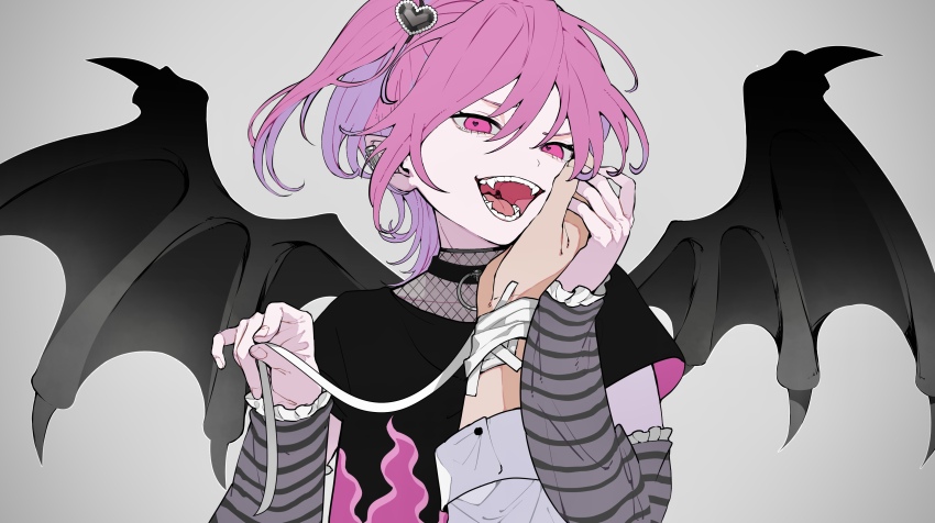 2boys, absurdres, bat_wings, black_shirt, commentary_request, fangs, fishnet_top, fishnets, frilled_sleeves, frills, grey_background, hair_ornament, hand_on_another's_face, heart, heart_hair_ornament, highres, lavie_(vocaloid), long_sleeves, male_focus, multiple_boys, one_side_up, pink_eyes, pink_hair, pointy_ears, shirt, simple_background, solo_focus, spike_(fluffyspiky), striped_sleeves, trap, vocaloid, wings