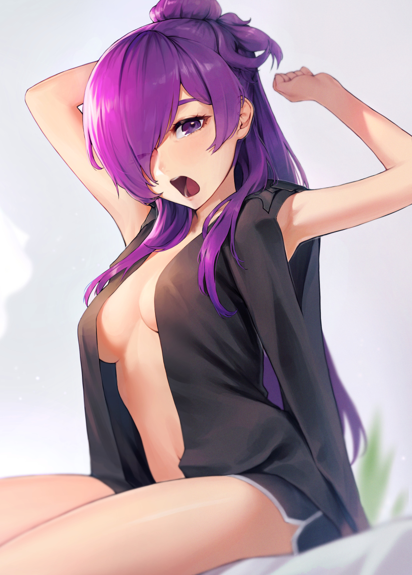 1girl, absurdres, alaskastomatoez, arms_up, bare_arms, black_shirt, black_shorts, borrowed_clothes