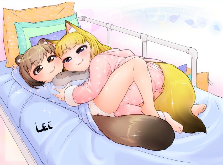 2girls, animal_ears, arm_behind_head, arms_up, barefoot, bed, blonde_hair, blue_dress, blue_eyes, blue_nightgown, breast_pillow, breasts, brown_eyes, brown_hair, clothes_lift, dress, dress_lift, face-to-face, fang, feet, female_focus, fox_ears, fox_girl, fox_tail, grabbing_another's_breast, groping, highres, hug, komugi_(lee), large_breasts, lee_(colt), legs, lifting_another's_clothes, loli, long_hair, looking_at_viewer, lying, lying_on_person, miku_(lee), multiple_girls, nightgown, nightgown_lift, on_back, on_stomach, oppai_loli, original, pajamas, panties, pants, pillow, pink_pajamas, pink_pants, pink_shirt, raccoon_ears, raccoon_girl, raccoon_tail, shirt, short_hair, smile, soles, tail, thighs, toes, underwear, white_panties
