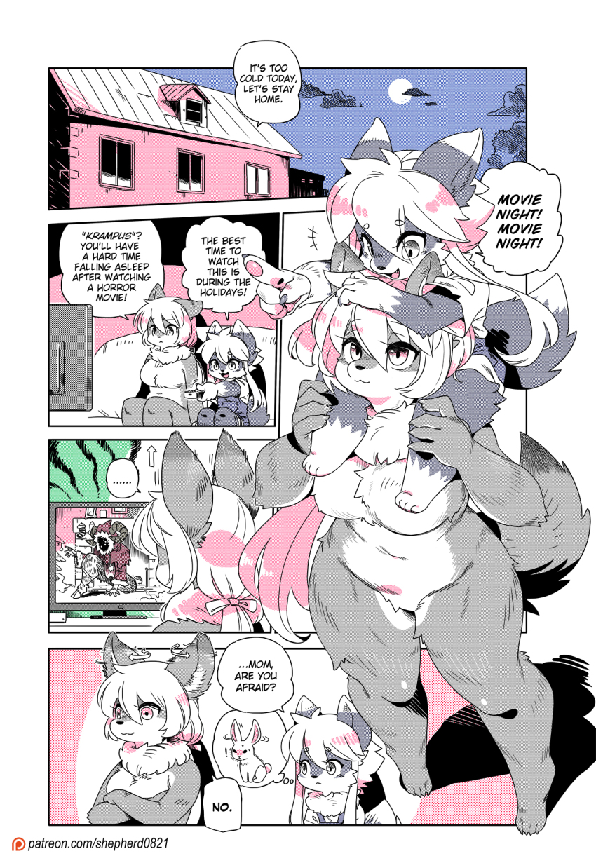 ..., alternate_language, comic, commentary, english_commentary, english_text, furry, furry_female, highres, jennifer_(modern_mogal), limited_palette, long_hair, monster_girl, moon, mother_and_child, mother_and_daughter, original, overall_shorts, overalls, parent_and_child, patreon_logo, patreon_username, rabbit, shepherd0821, speech_bubble, spoken_ellipsis, television, thought_bubble, wendy_(modern_mogal), werewolf