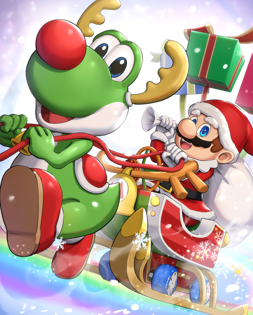 1boy, :d, absurdres, antlers, arm_up, backlighting, bell, belt, belt_buckle, black_belt, blue_eyes, brown_hair, buckle, christmas, coat, commentary_request, facial_hair, fake_antlers, fake_nose, fur-trimmed_coat, fur-trimmed_headwear, fur_trim, gloves, gonzarez, hairband, hand_up, hat, highres, horns, jingle_bells_(mario_kart), long_sleeves, looking_at_viewer, male_focus, mario, mario_(santa), mario_(series), mario_kart, mario_kart_tour, mustache, nintendo, official_alternate_costume, open_mouth, rainbow, red_coat, red_hairband, red_hat, red_shoes, reindeer_antlers, reins, santa_costume, santa_hat, shoes, short_hair, sitting, sleigh, smile, snowflakes, snowing, teeth, upper_teeth_only, white_gloves, yoshi, yoshi_(reindeer)