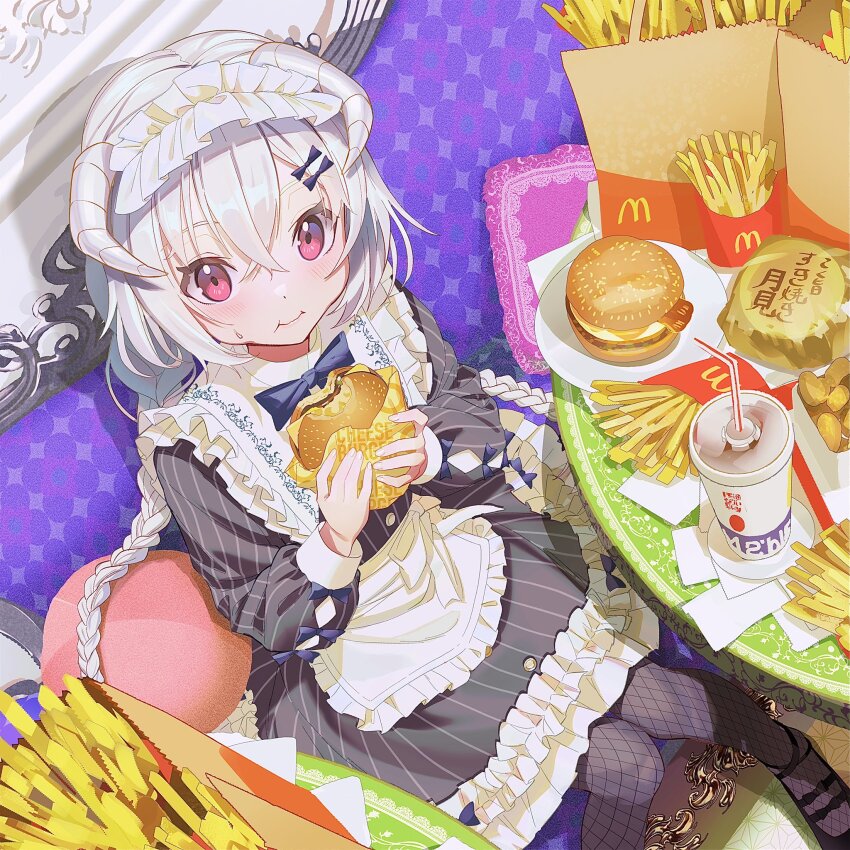 1girl, apron, black_dress, black_footwear, black_pantyhose, blush, braid, burger