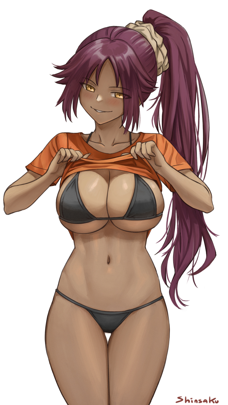 >:), 1girl, artist_name, black_bra, black_panties, bleach, blush, bra, breasts, cleavage, clothes_lift, collarbone, commentary, dark-skinned_female, dark_skin, female_focus, half-closed_eyes, headband, highres, large_breasts, long_hair, midriff, navel, orange_shirt, panties, parted_bangs, parted_lips, ponytail, purple_hair, seductive_smile, shihouin_yoruichi, shinsaku_(stan-art), shirt, shirt_lift, sidelocks, signature, simple_background, skindentation, smile, solo, standing, stomach, thigh_gap, thighs, underboob, underwear, v-shaped_eyebrows, very_long_hair, white_background, yellow_eyes