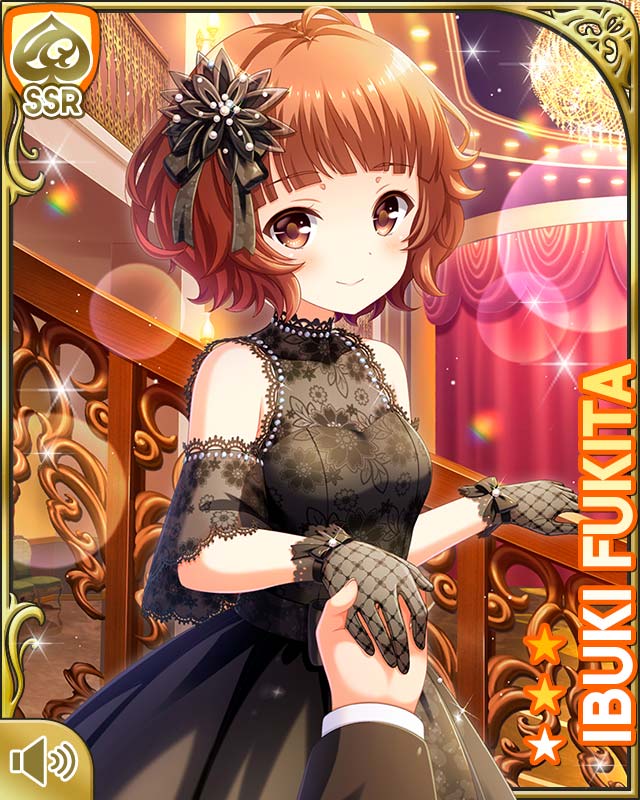 1boy, 1girl, black_dress, black_gloves, black_headwear, brown_eyes, brown_hair, card, character_name, closed_mouth, dress, fukita_ibuki, girlfriend_(kari), gloves, hair_ornament, hairclip, indoors, looking_at_viewer, night, official_art, qp:flapper, short_hair, short_sleeves, smile, tagme