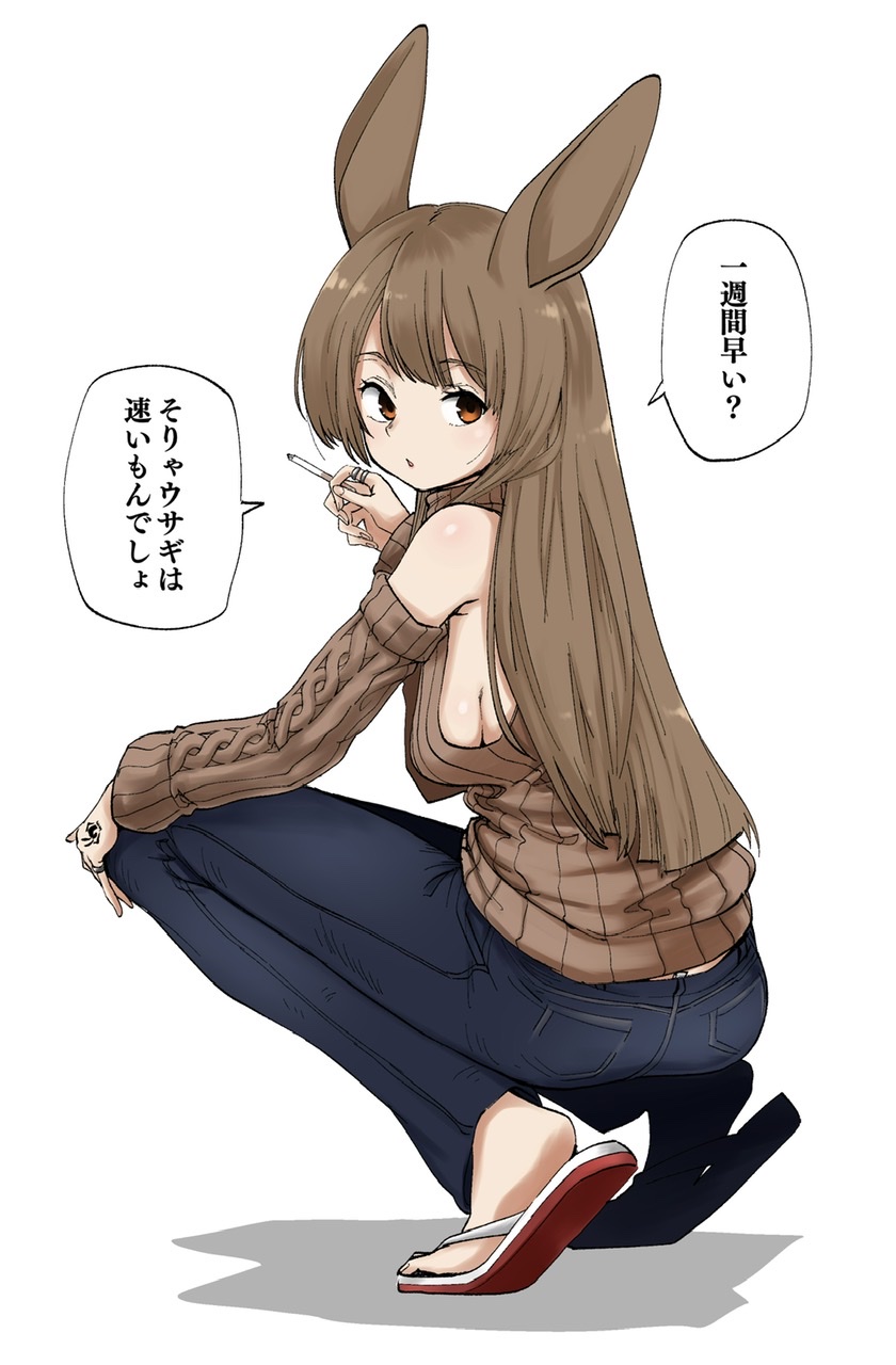 1girl, animal_ears, breasts, brown_hair, brown_sweater, cigarette, clothing_cutout, commentary_request