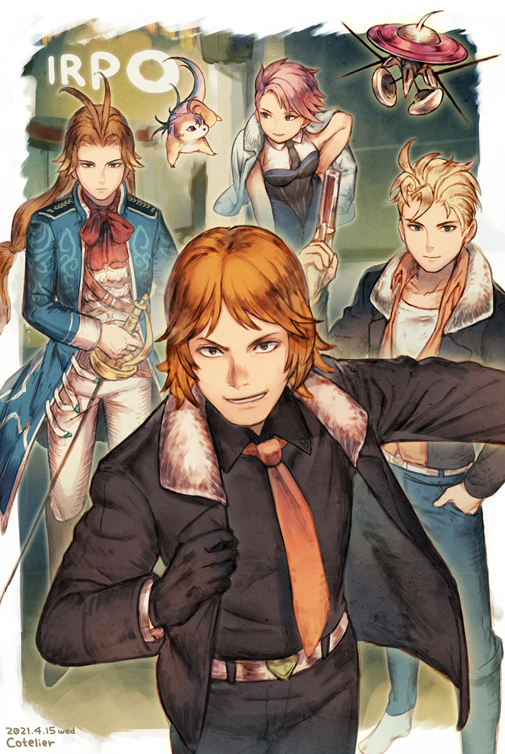 1girl, 3boys, blonde_hair, breasts, brown_hair, closed_mouth, cotelier, cotton_(saga_frontier)