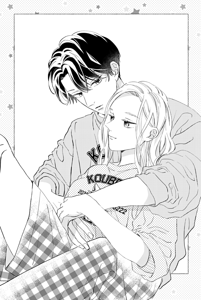 1boy, 1girl, casual, closed_mouth, clothes_writing, fingernails, framed, gingham_clothes