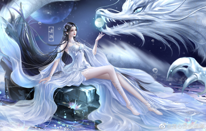 1girl, anklet, bare_shoulders, black_hair, bracelet, claws, detached_sleeves, dragon