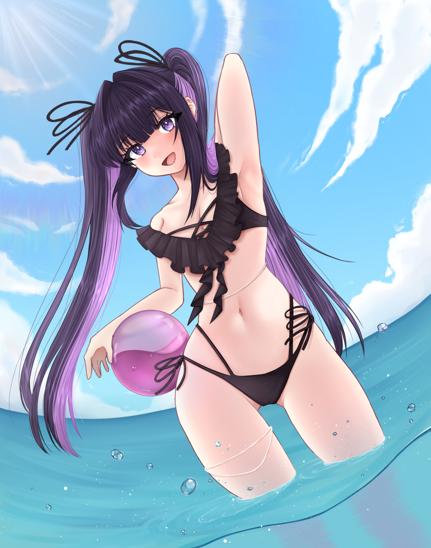 1girl, absurdres, arm_behind_back, armpits, beach, bikini, black_bikini, black_hair, breasts, cleavage, colored_inner_hair, highres, jewelry, long_hair, looking_at_viewer, mio_(rosumini), multicolored_hair, navel, ocean, off_shoulder, original, purple_eyes, purple_hair, rosumini, small_breasts, smile, solo, summer, swimsuit, thighlet, thighs, twintails, very_long_hair, water