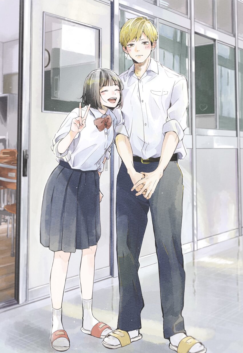 1boy, 1girl, ^_^, arm_at_side, belt, black_belt, black_hair, blonde_hair