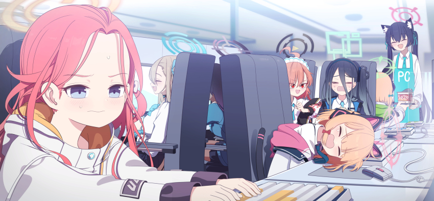 6+girls, :d, animal_ear_headphones, animal_ears, apron, aris_(blue_archive), asuna_(blue_archive), asuna_(school_uniform)_(blue_archive)
