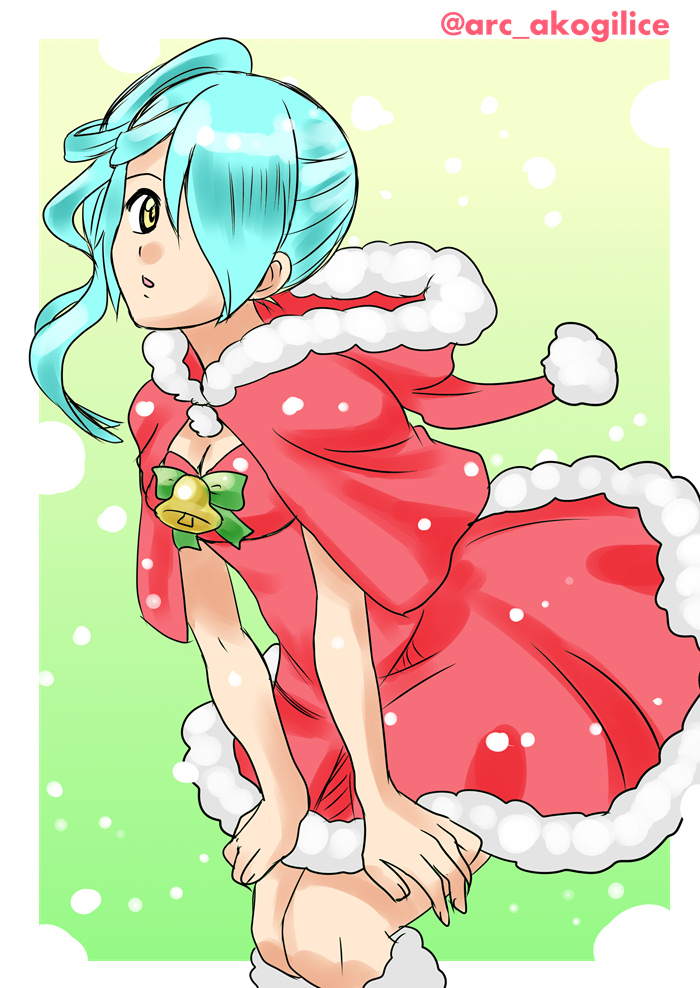 1girl, akogi, arc_the_lad, arc_the_lad_i, blue_eyes, blue_hair, breasts, christmas
