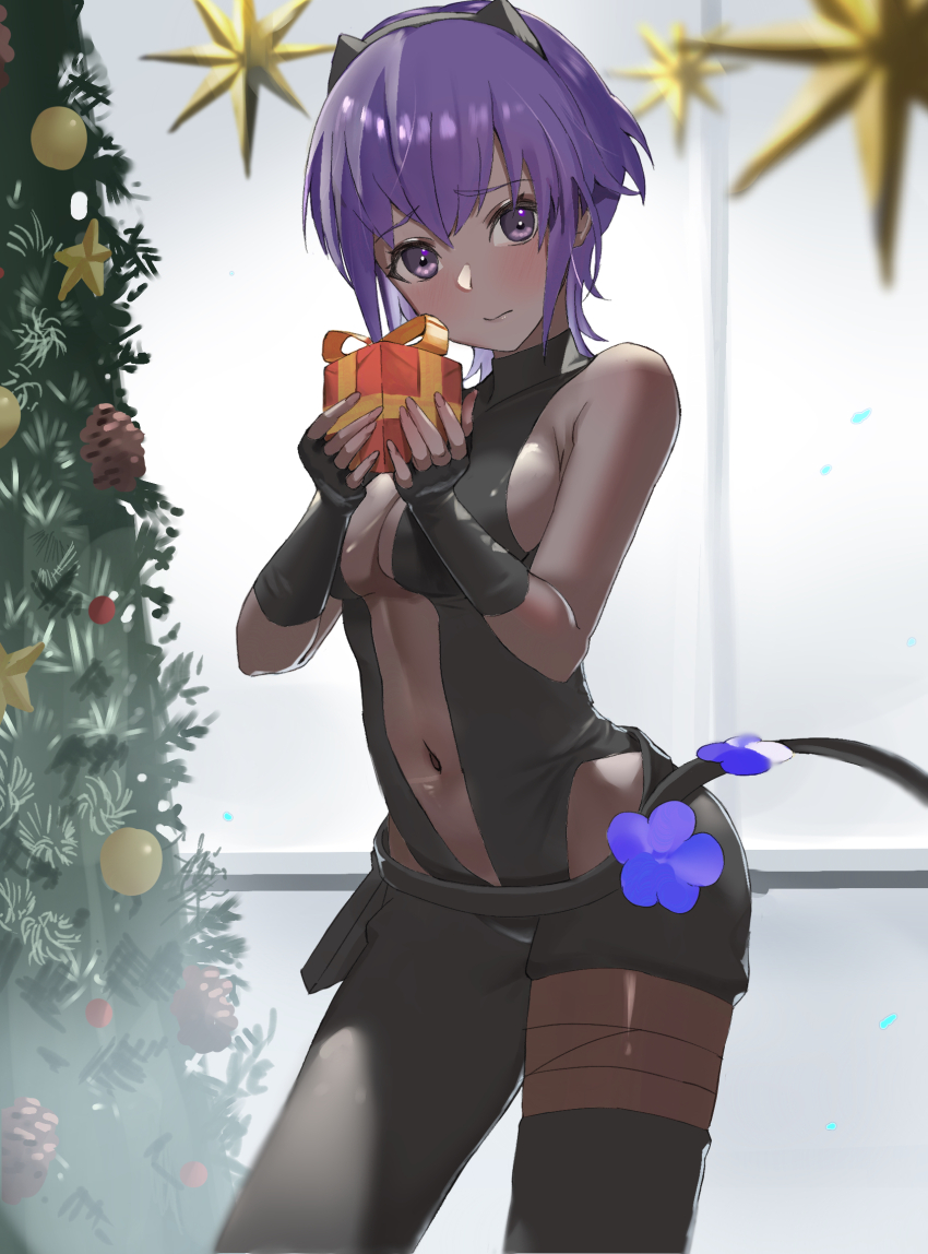 1girl, black_gloves, black_hairband, black_leotard, box, breasts, center_opening, christmas