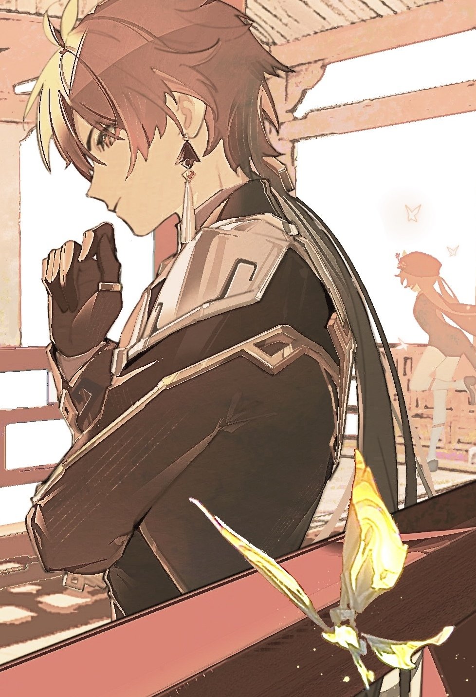 1boy, 1girl, armor, beret, black_gloves, black_jacket, brown_eyes, brown_hair