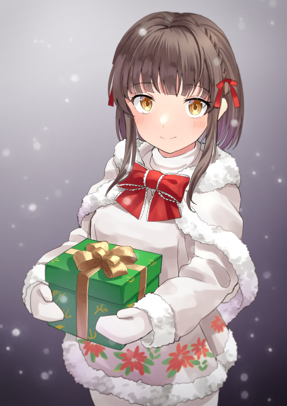 1girl, black_hair, blush, box, brown_eyes, cowboy_shot, gift, gift_box