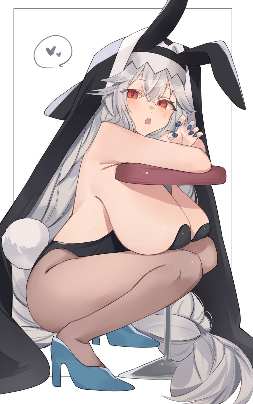 1girl, animal_ears, arknights, bar_stool, black_headwear, black_leotard, black_veil, blue_nails