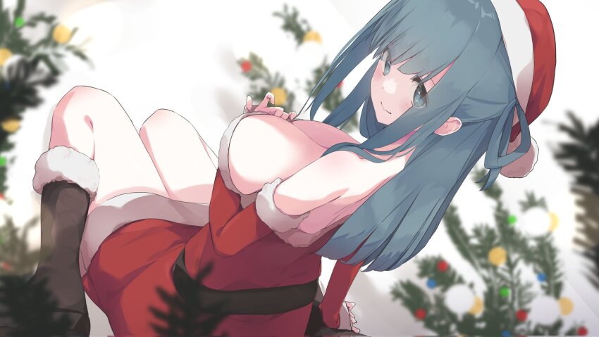 1girl, amano_nene_(vtuber), bare_shoulders, blue_hair, boots, breasts, christmas, cleavage