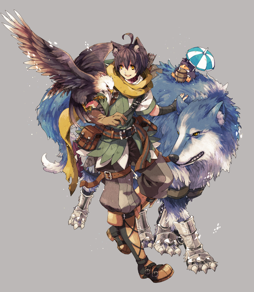 1boy, ahoge, animal_ear_fluff, animal_ears, asymmetrical_gloves, barrel, bird, black_gloves