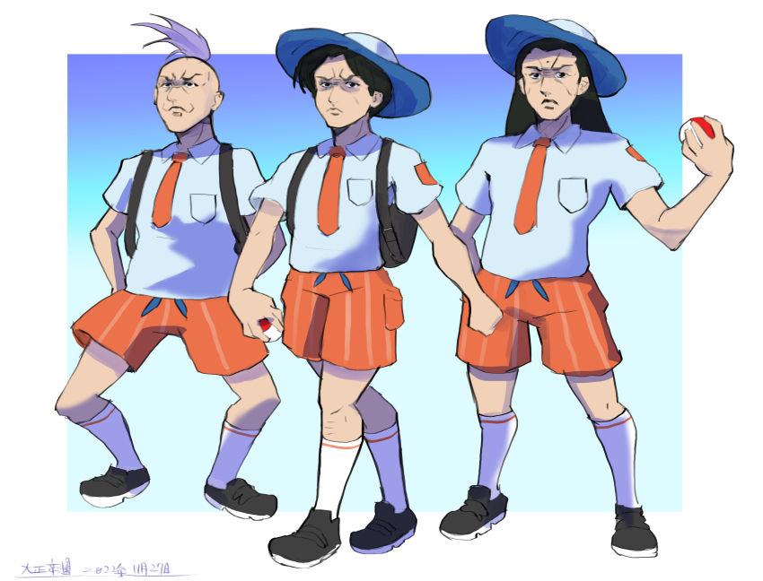 3boys, artist_name, backpack, bag, bald, black_eyes, black_footwear, black_hair, blue_background, blue_headwear, blue_shirt, border, breast_pocket, closed_mouth, collared_shirt, commentary_request, cosplay, dated, drawstring, facial_mark, florian_(pokemon), florian_(pokemon)_(cosplay), forehead_mark, full_body, furrowed_brow, gradient_background, hand_on_own_hip, hand_up, hat, hayashida_shinjirou, highres, hokuto_takeshi, holding, holding_poke_ball, kamiyama_takashi, kneehighs, legs_apart, long_hair, male_focus, multiple_boys, necktie, nintendo, oomasa_teikoku, orange_necktie, orange_shorts, outside_border, pocket, poke_ball, poke_ball_(basic), pokemon, pokemon_scarlet_and_violet, purple_hair, sakigake!!_cromartie_koukou, school_uniform, shirt, shoes, short_hair, short_sleeves, shorts, signature, simple_background, sketch, socks, standing, striped_clothes, striped_shorts, sun_hat, topknot, white_border, white_socks