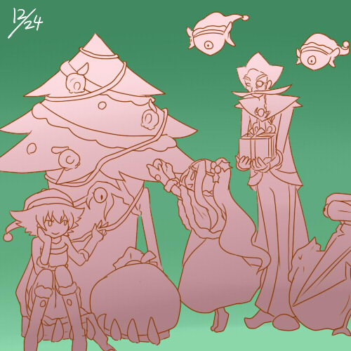 1boy, 2girls, alternate_costume, arlon_(kid_icarus), christmas, christmas_tree, dated, facial_hair