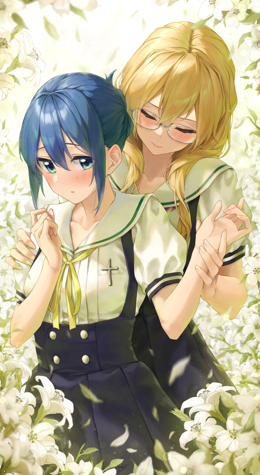 2girls, absurdres, banana_oekaki, blonde_hair, blue_eyes, blue_hair, blush, chibana_sumika