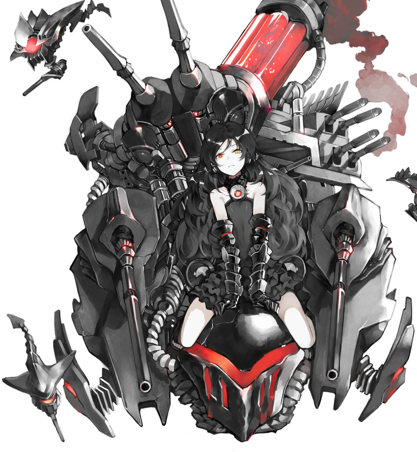 1girl, arbiter_the_devil_xv_(azur_lane), azur_lane, bare_legs, bare_shoulders, between_legs, black_dress, black_gloves, black_hair, breasts, cannon, curly_hair, dress, elbow_gloves, frilled_dress, frills, full_body, gauntlets, gloves, grin, hair_between_eyes, hand_between_legs, heterochromia, highres, legs_folded, long_hair, looking_at_viewer, official_art, pale_skin, red_eyes, riding, rigging, ship_turret, siren_(azur_lane), sitting, sleeveless, sleeveless_dress, small_breasts, smile, solo, straddling, transparent_background, v_arms, very_long_hair, yellow_eyes