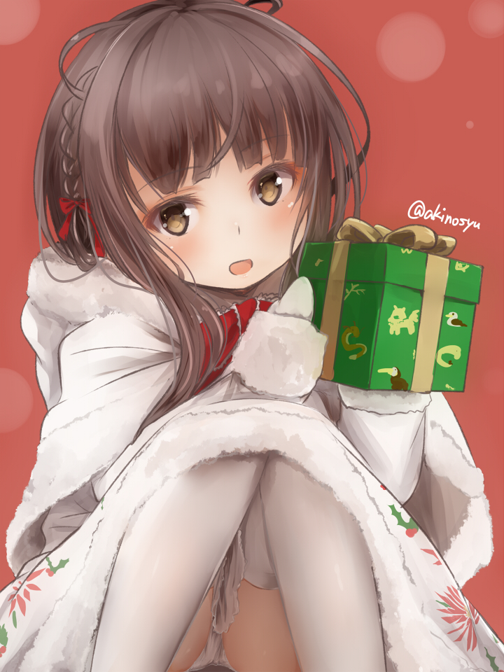 1girl, akino_shuu, black_hair, blush, box, brown_eyes, capelet, christmas