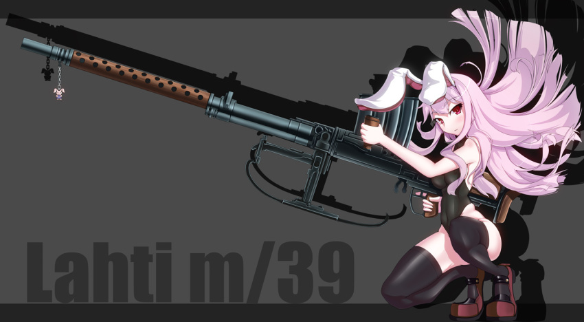 1girl, animal_ears, anti-materiel_rifle, black_thighhighs, charm_(object), female_focus, gun, huge_weapon, lahti_l-39, long_hair, playboy_bunny, purple_hair, rabbit_ears, red_eyes, reisen_udongein_inaba, rifle, sniper_rifle, solo, squatting, tama_(pixiv), tama_(speedgrapher), thighhighs, touhou, weapon