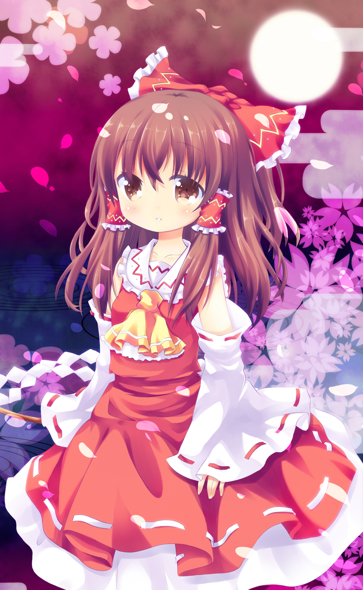 1girl, ascot, bad_id, bad_pixiv_id, bow, brown_eyes, brown_hair, detached_sleeves
