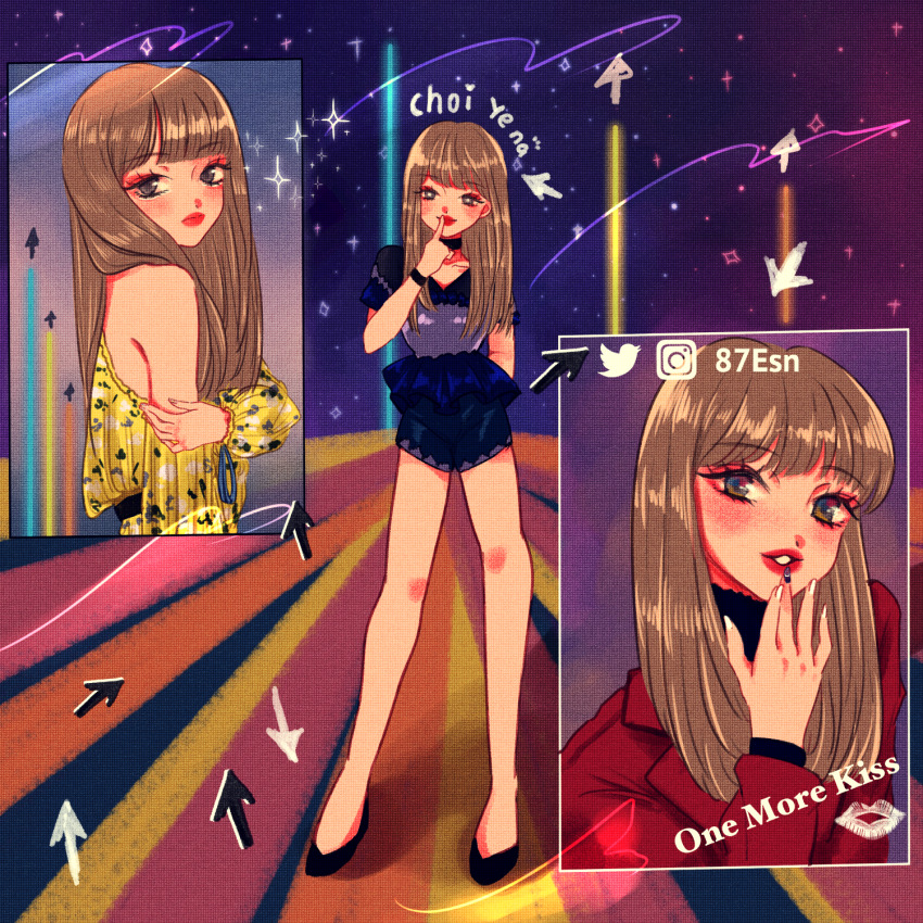 1girl, 87esn, animification, arrow_(symbol), black_choker, black_footwear, black_sweater, bright_pupils, brown_hair, character_name, choi_yena, choker, clothing_cutout, collarbone, eyeshadow, finger_to_mouth, full_body, grey_eyes, hand_on_own_arm, head_tilt, highres, instagram_logo, instagram_username, izone, jacket, k-pop, lipstick_mark, long_hair, looking_at_viewer, makeup, multiple_views, nail_polish, parted_lips, pixels, real_life, red_eyeshadow, red_jacket, red_lips, romper, shirt, shoulder_cutout, shushing, sweater, twitter_logo, twitter_username, white_pupils, yellow_shirt