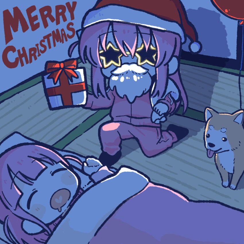 2girls, balloon, blush, bocchi_the_rock!, box, christmas, closed_eyes, cube_hair_ornament, dog, fake_beard, fake_facial_hair, futon, gift, gotoh_futari, gotoh_hitori, hair_between_eyes, hair_ornament, hat, henyomen, highres, holding, holding_gift, holding_sack, indoors, jacket, jimihen, long_hair, lying, multiple_girls, one_side_up, open_mouth, pants, pillow, pink_hair, pink_jacket, pink_pants, sack, santa_costume, santa_hat, short_hair, siblings, sisters, sleeping, star-shaped_eyewear, star_(symbol), tatami, track_jacket, track_pants