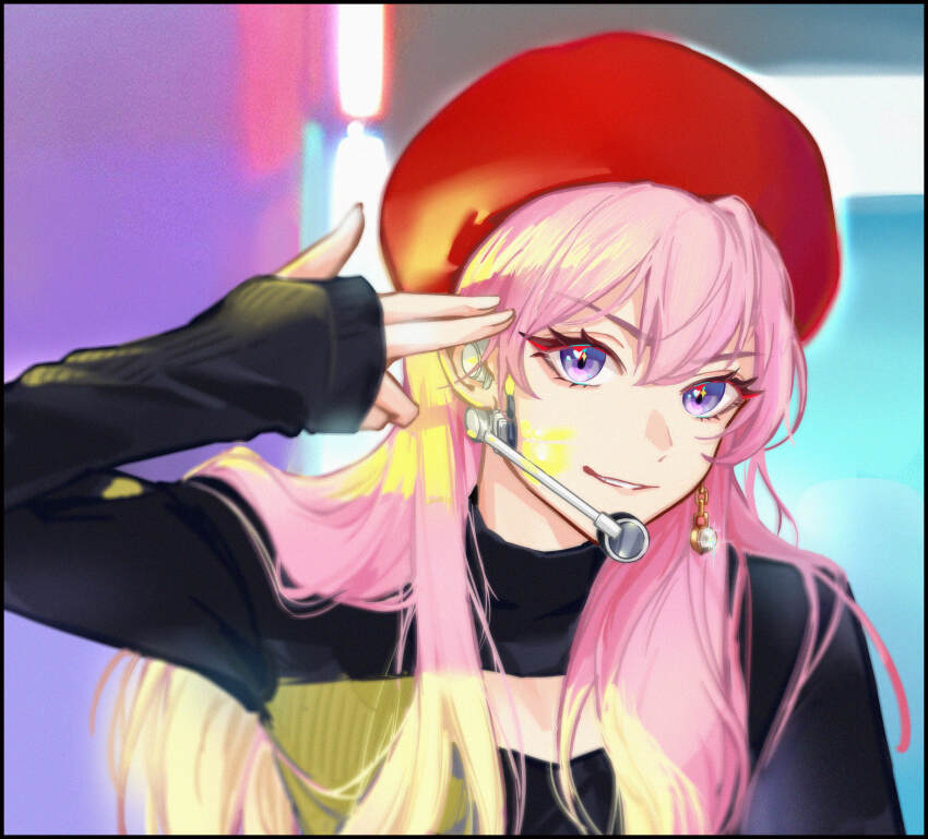 1girl, absurdres, animification, beret, black_sweater, blush, cleavage_cutout, clothing_cutout