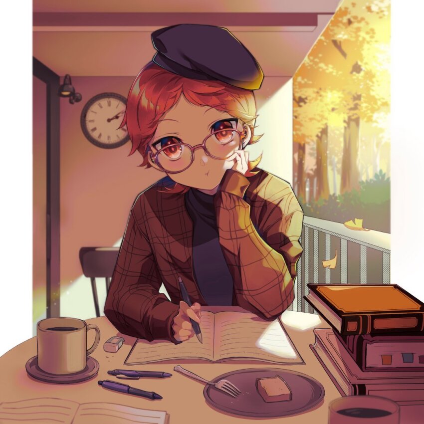 1boy, :t, akai_higasa, alternate_costume, beret, black_hat, black_shirt, blurry