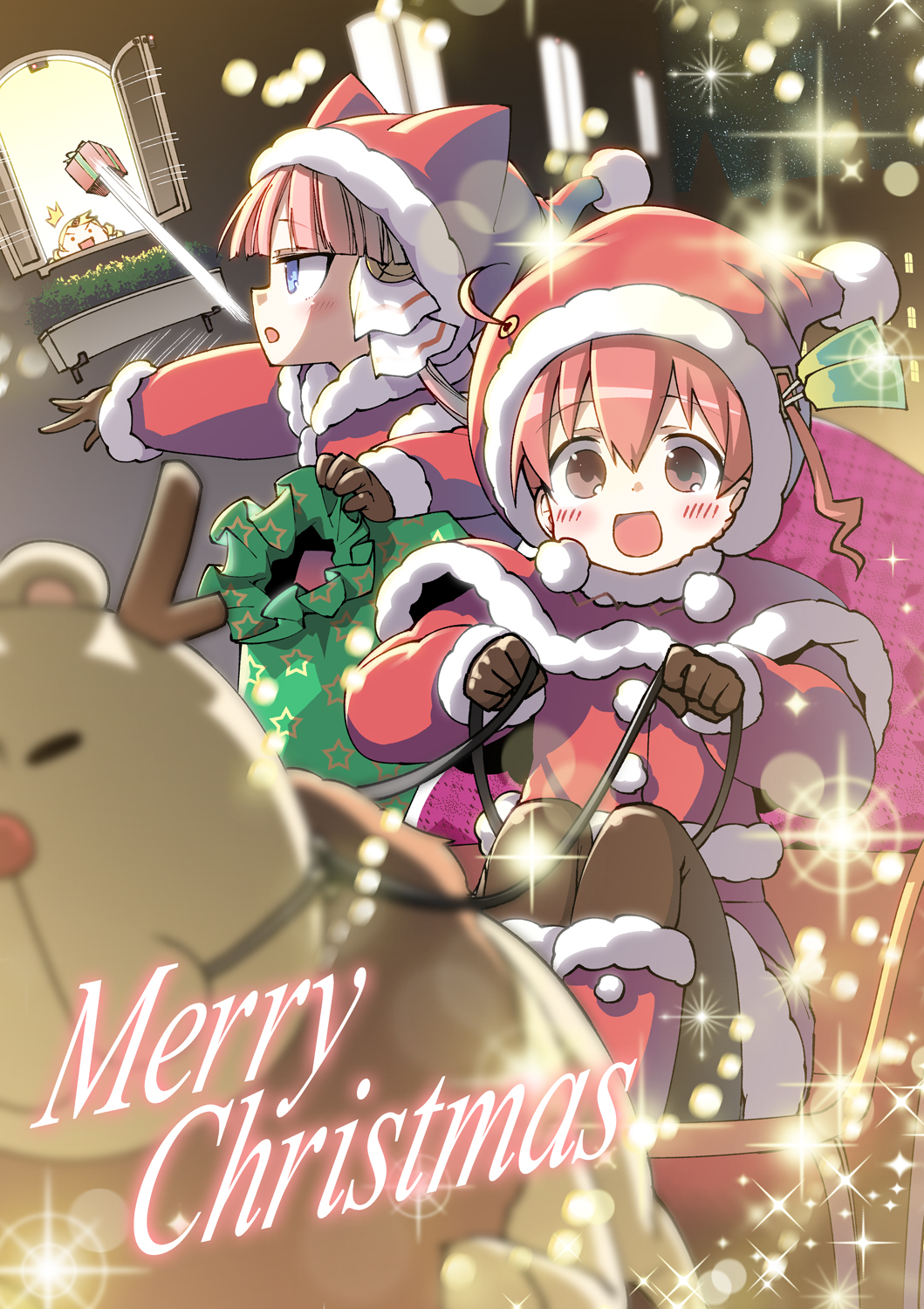 3girls, :d, animal_ears, b.u.e.r., blonde_hair, blue_eyes, brown_eyes, christmas