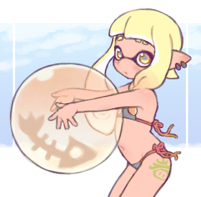 1girl, agent_3_(splatoon_3), ball, beachball, bikini, blonde_hair, braid, ear_piercing, eyebrow_cut, female_focus, flat_chest, holding, holding_ball, inkling, inkling_girl, inkling_player_character, leg_tattoo, loli, navel, nintendo, orange_eyes, outdoors, piercing, pointy_ears, robot_(pixiv_42325944), side-tie_bikini_bottom, side_braid, single_braid, solo, splatoon_(series), splatoon_3, swimsuit, tattoo, tentacle_hair