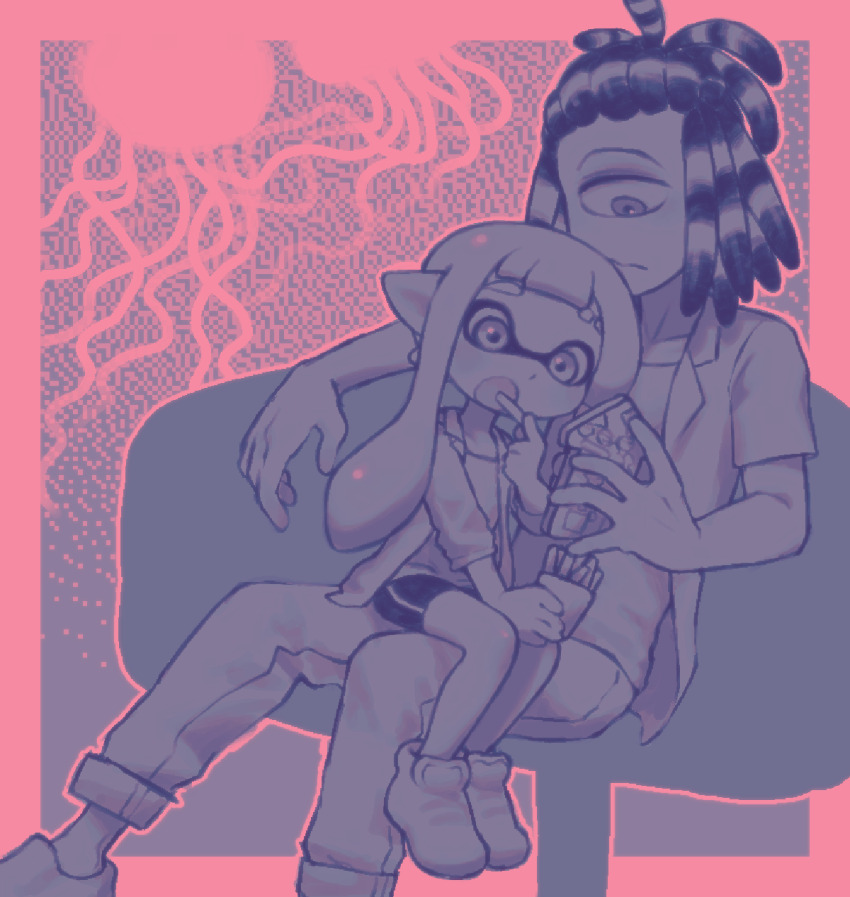 1boy, 1girl, age_difference, agent_3_(splatoon_3), bike_shorts, braid, cellphone, eating, food, french_fries, highres, holding, holding_phone, inkling, inkling_girl, inkling_player_character, looking_at_phone, monochrome, murch_(splatoon), nintendo, on_lap, one-eyed, open_mouth, pants, phone, pink_background, pink_theme, pointy_ears, purple_theme, robot_(pixiv_42325944), side_braid, single_braid, smartphone, splatoon_(series), splatoon_3, spot_color, tentacle_hair