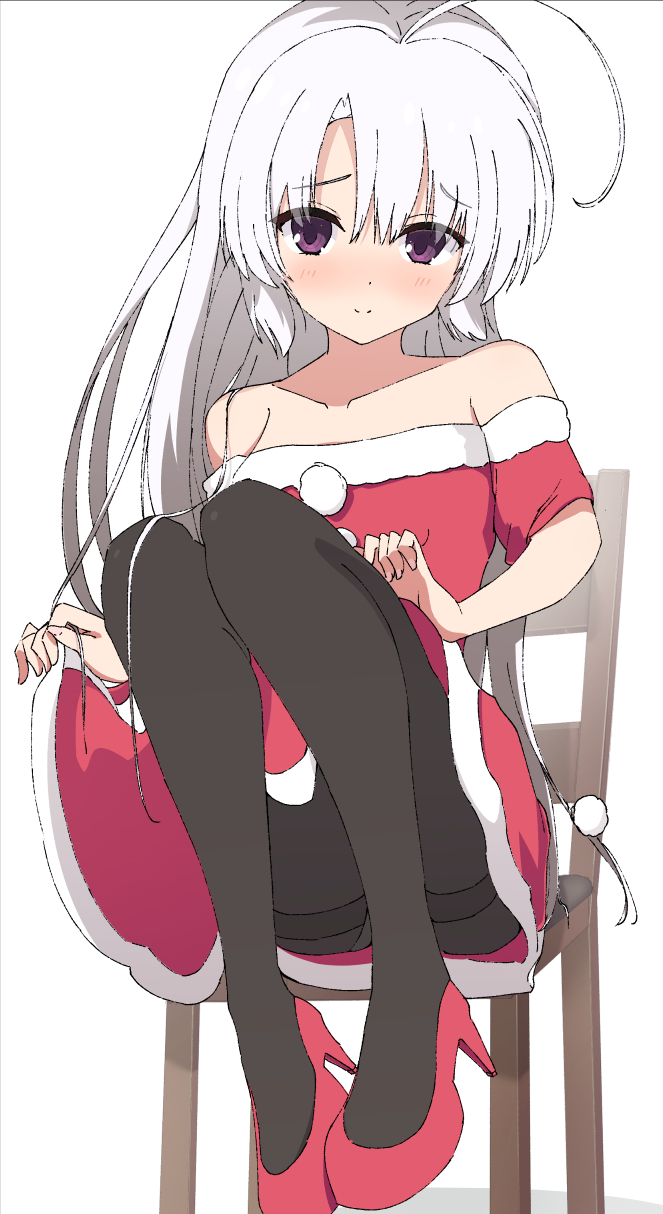 1girl, ahoge, ayachi_nene, black_pantyhose, blush, chair, clothes_lift, collarbone