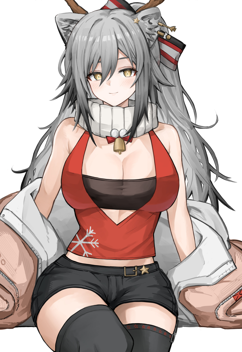 1girl, absurdres, animal_ears, arknights, bandeau, bare_shoulders, black_shorts, black_thighhighs