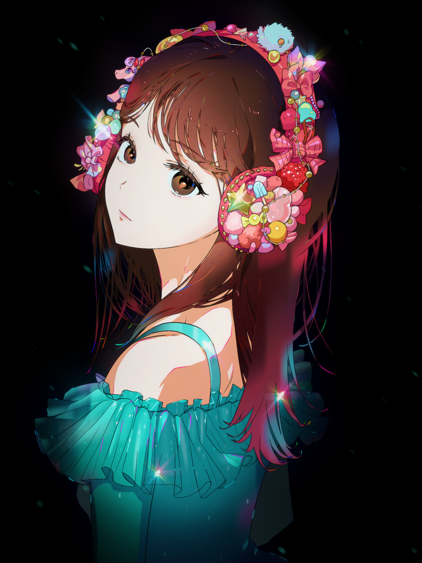 animification, black_background, blue_camisole, bow, brown_eyes, brown_hair, camisole, expressionless