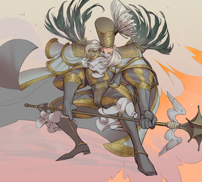 1boy, absurdres, armor, black_gloves, cape, disciples_(series), feathers, fighting_stance