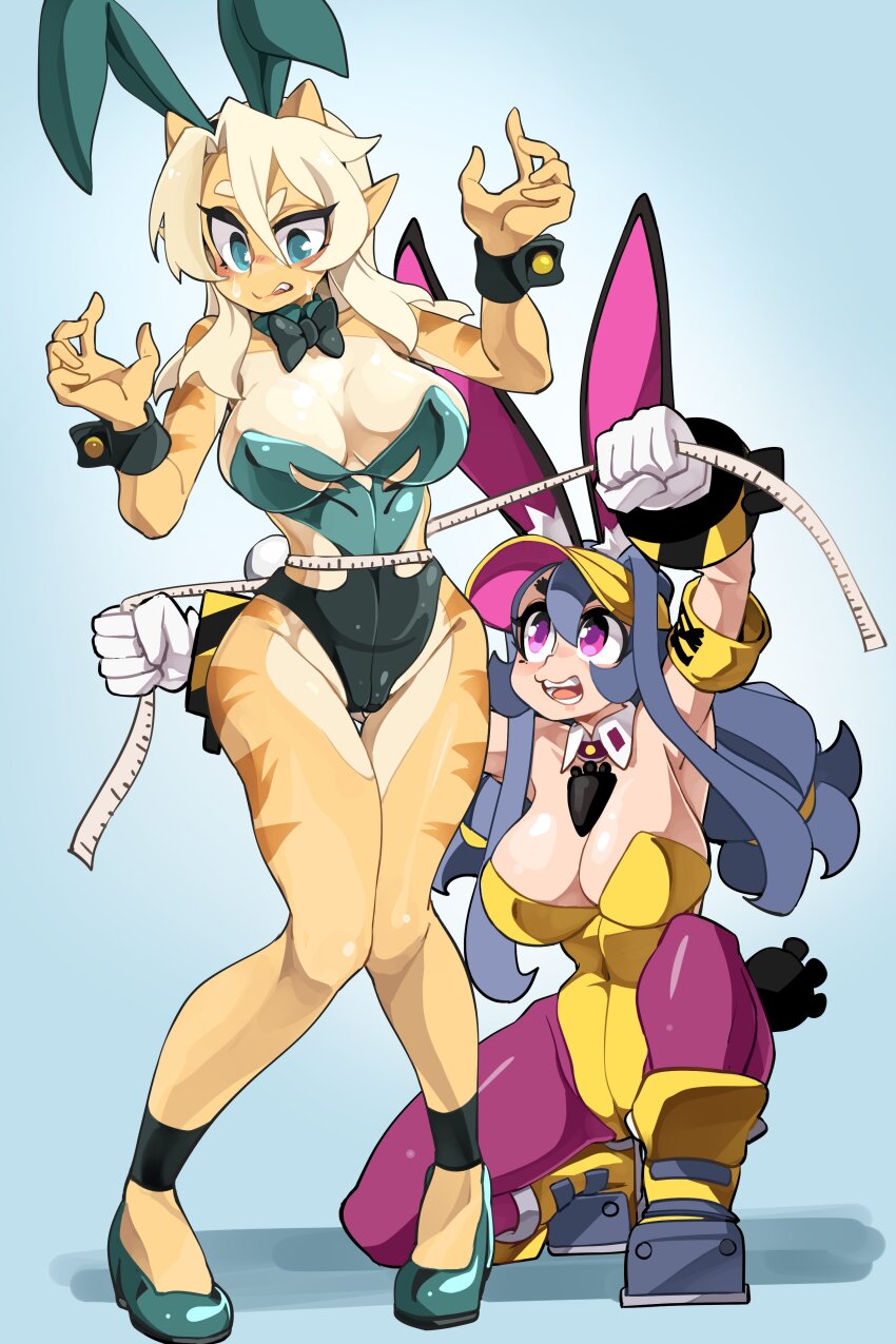 2girls, absurdres, animal_ears, arms_up, ayu_(sui_(suizilla)), black_bow, black_bowtie, black_leotard, blonde_hair, blush, bongftah, borrowed_character, bow, bowtie, breasts, cleavage, colored_skin, fake_animal_ears, fake_tail, gloves, green_eyes, green_footwear, green_leotard, grey_hair, high_heels, highres, horns, large_breasts, leotard, long_hair, looking_away, multicolored_leotard, multiple_girls, open_mouth, original, parted_lips, pointy_ears, purple_eyes, rabbit_ears, rabbit_girl, rabbit_tail, smile, tail, tank_(bongfill), tape_measure, teeth, white_gloves, wrist_cuffs, yellow_headwear, yellow_leotard, yellow_skin