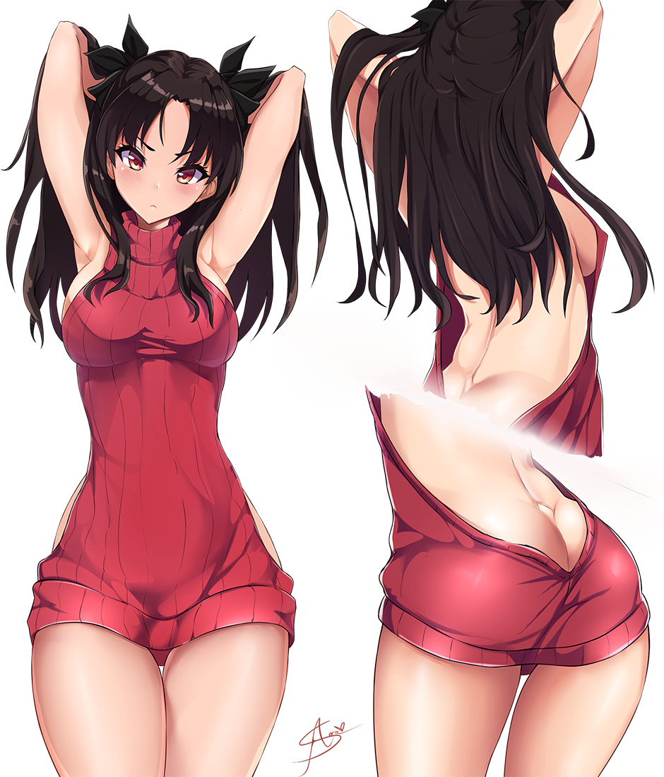 1girl, armpits, arms_up, ass, azuran0, backboob, backless_outfit, black_ribbon, blush, breasts, brown_hair, butt_crack, closed_mouth, cowboy_shot, fate/stay_night, fate_(series), feet_out_of_frame, female_focus, from_behind, hair_ribbon, large_breasts, long_hair, multiple_views, parent:3562587, red_eyes, red_sweater, ribbon, sideboob, signature, simple_background, sleeveless, sleeveless_turtleneck, standing, sweater, thigh_gap, thighs, tohsaka_rin, turtleneck, turtleneck_sweater, virgin_killer_sweater, white_background