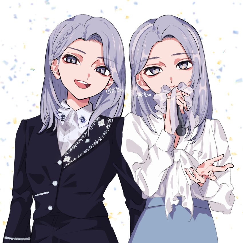 1girl, 87esn, absurdres, animification, black_jacket, blue_skirt, chinese_commentary, collared_shirt