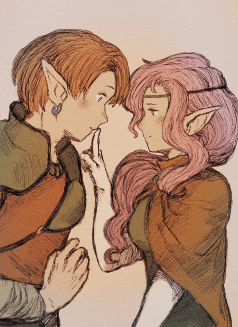 blonde_hair, couple, earrings, elf, gensou_suikoden, gensou_suikoden_i, jewelry, kirkis_(suikoden), long_hair, maeka_(kumaekake), pink_hair, pointy_ears, short_hair, single_earring, sylvina_(suikoden)