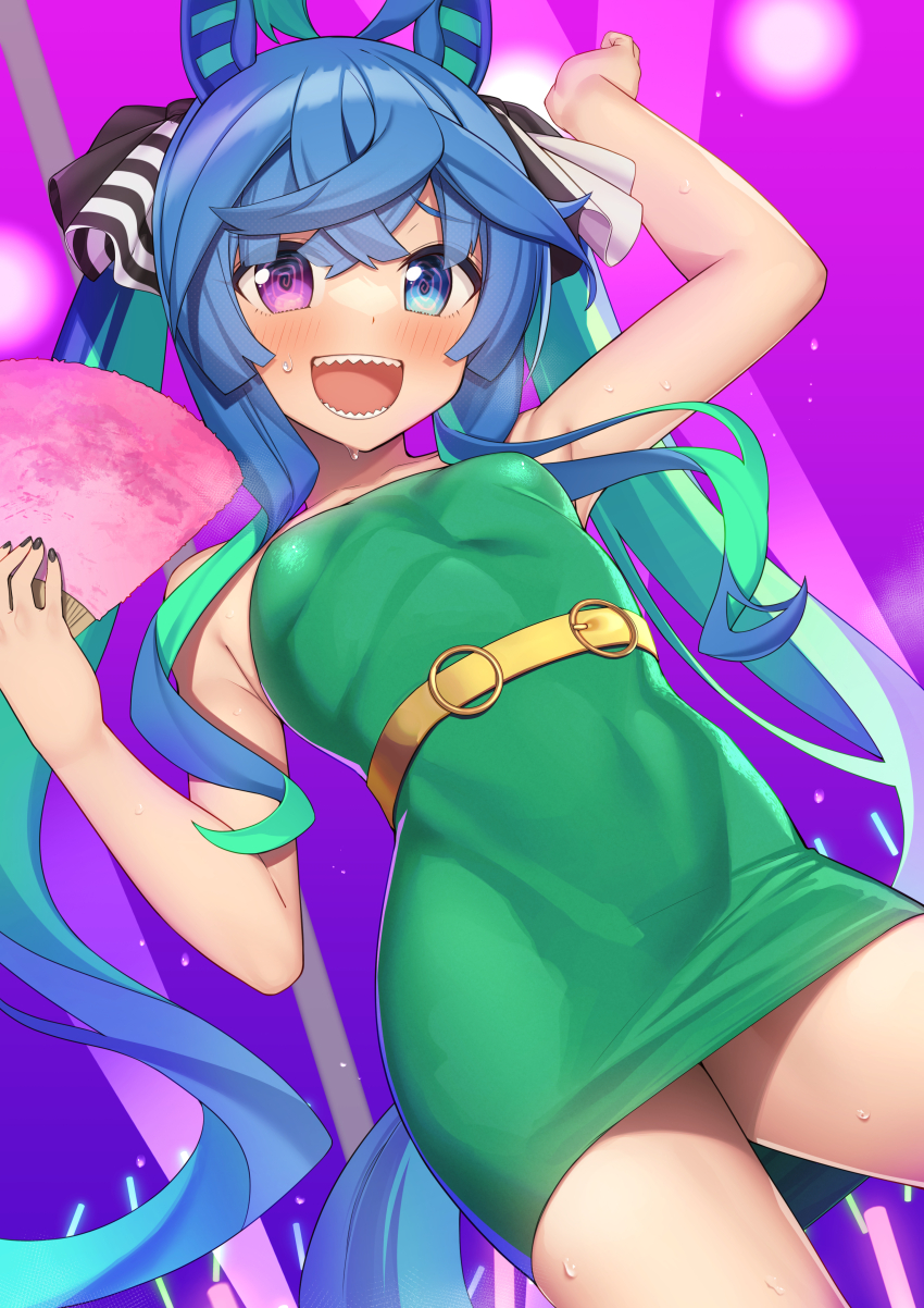 1girl, @_@, absurdres, ahoge, animal_ears, arm_up, bare_arms, bare_shoulders