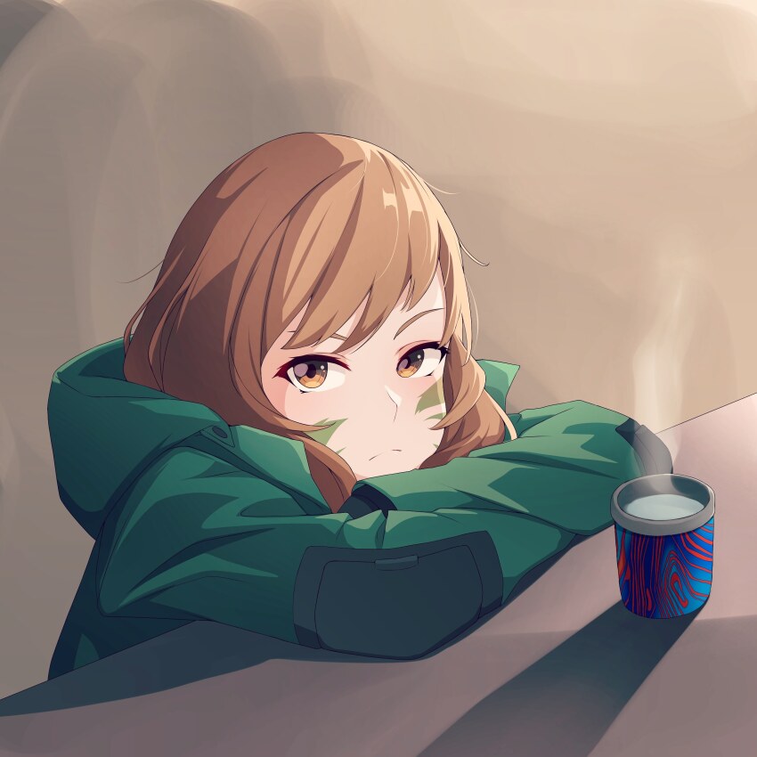 1girl, absurdres, alternate_costume, arm_rest, bored, brown_background, brown_eyes, brown_hair