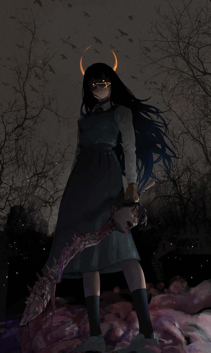 1girl, absurdres, bare_tree, bird, black_hair, chainsaw_man, crescent, cross_scar