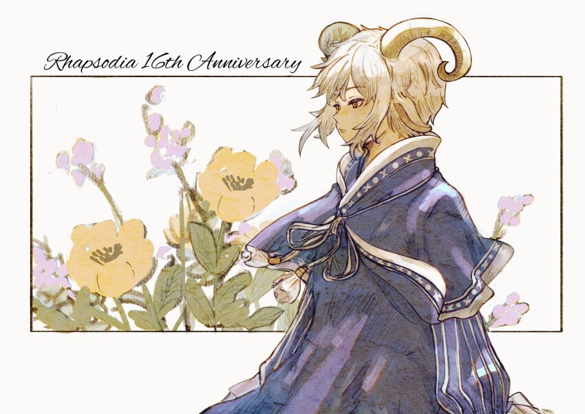 anniversary, blue_cloak, cloak, english_text, flower, gensou_suikoden, goat_girl, goat_horns