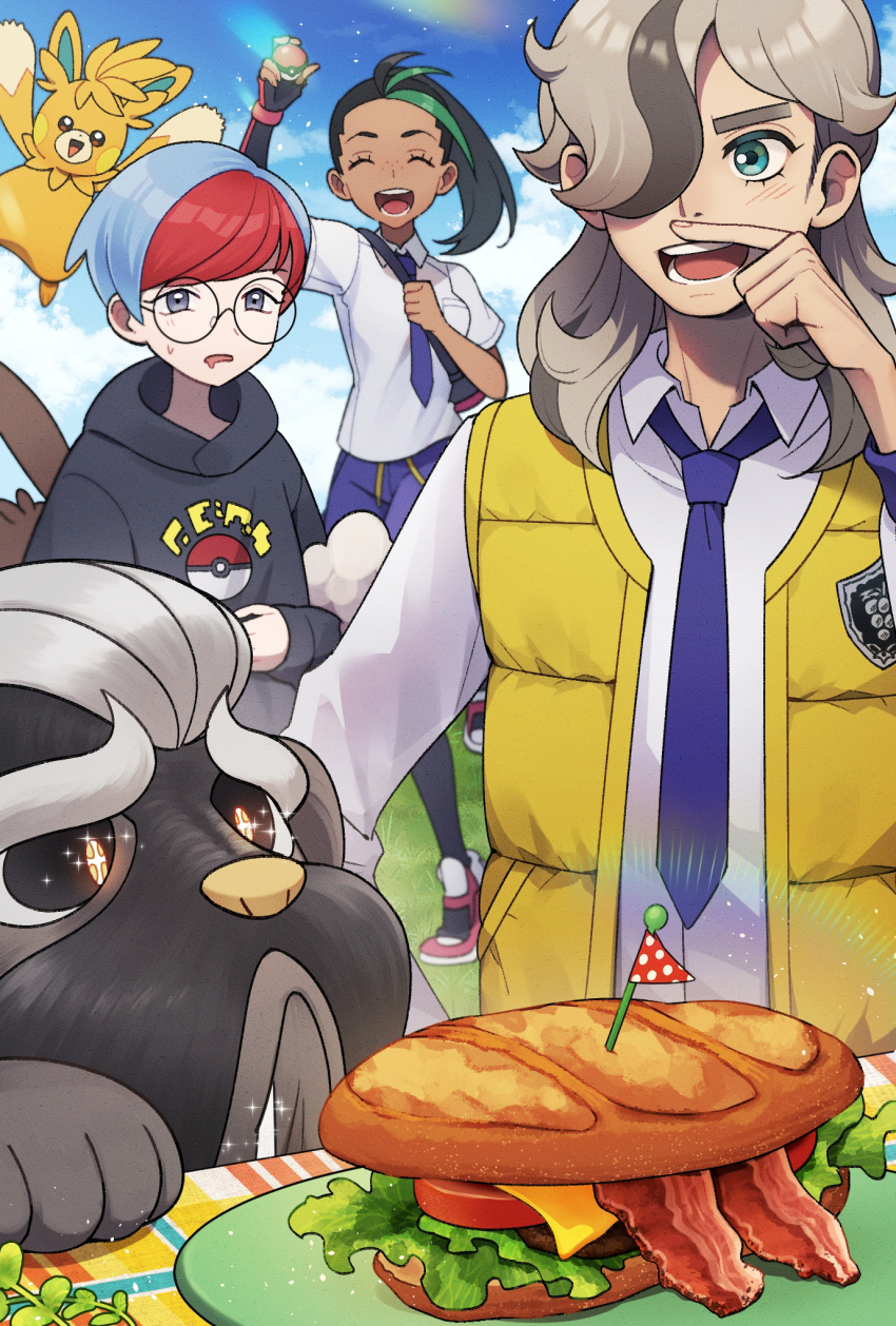 1boy, 2girls, 7ppiya_(napami), :d, arven_(pokemon), bacon, black_hair, black_hoodie, black_pantyhose, blush, bread, closed_eyes, collared_shirt, commentary_request, dark-skinned_female, dark_skin, day, drooling, eyelashes, flag, food, freckles, glasses, gloves, grass, green_hair, hand_up, highres, holding, holding_poke_ball, hood, hoodie, lettuce, mabosstiff, mouth_drool, multicolored_hair, multiple_girls, necktie, nemona_(pokemon), nintendo, open_clothes, open_mouth, open_vest, outdoors, pantyhose, pawmot, penny_(pokemon), plate, poke_ball, poke_ball_print, pokemon, pokemon_(creature), pokemon_scarlet_and_violet, ponytail, purple_necktie, purple_shorts, red_hair, round_eyewear, sandwich, shirt, short_hair, shorts, single_glove, sky, smile, table, teeth, tomato, tomato_slice, tongue, two-tone_hair, vest, yellow_vest